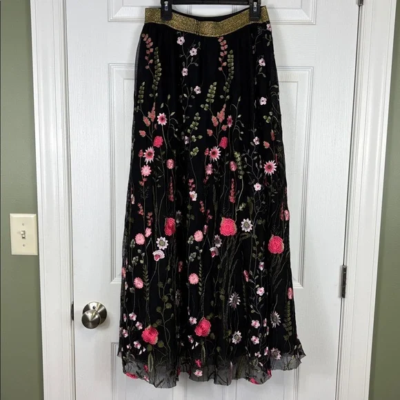 Anthropologie Moulinette Soeurs black floral embroidered maxi skirt sz med - Picture 8 of 8